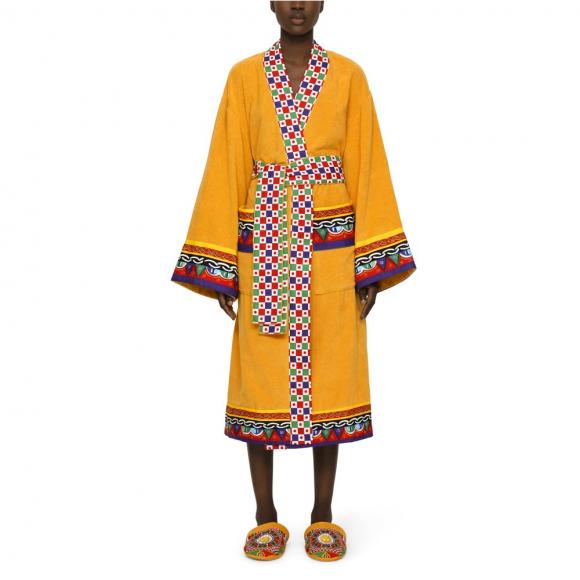 Dolce & Gabbana Casa Carretto Kimono Bathrobe with Belt Yellow