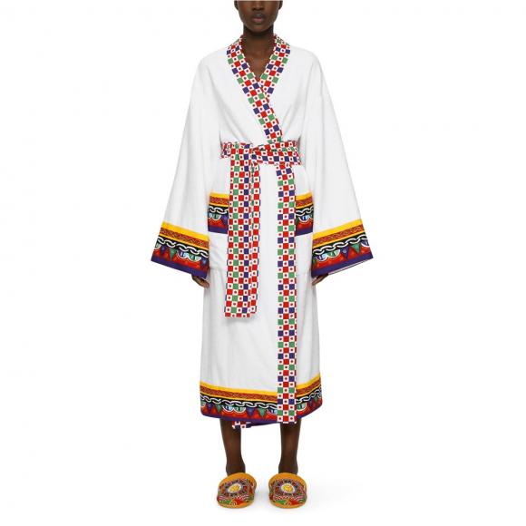 Dolce & Gabbana Casa Carretto Kimono Bathrobe with Belt White