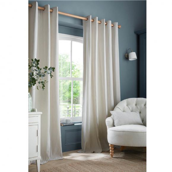 Laura Ashley Cornish Chenille Striped Eyelet Curtains Slate Blue