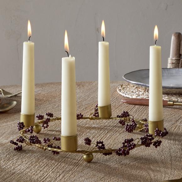 Nkuku Tanu Mango Wood Beaded Candle Holder - Brass & Ruby