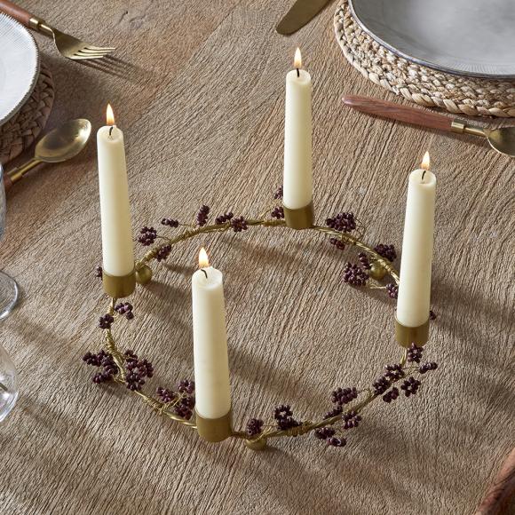 Nkuku Tanu Mango Wood Beaded Candle Holder - Brass & Ruby