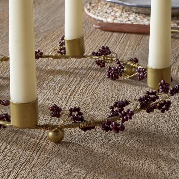 Nkuku Tanu Mango Wood Beaded Candle Holder - Brass & Ruby