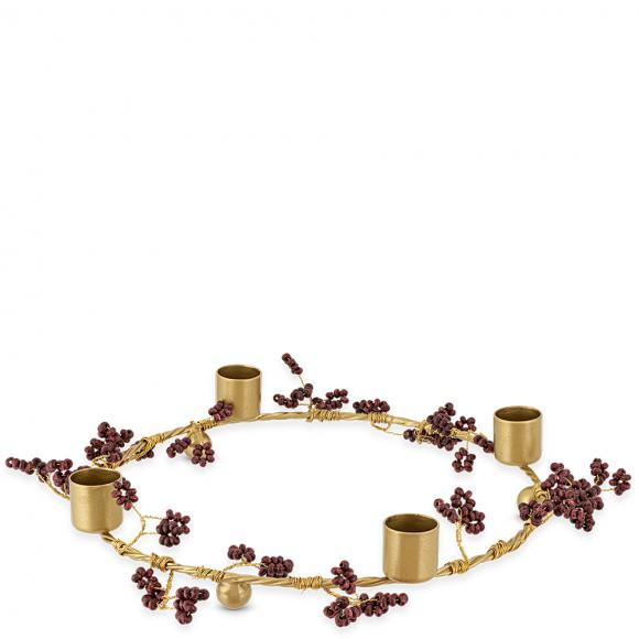 Nkuku Tanu Mango Wood Beaded Candle Holder - Brass & Ruby