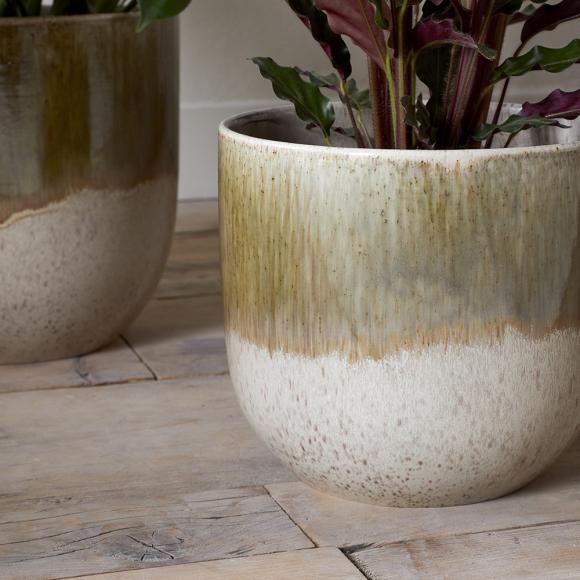 Nkuku Almeida Reactive Glaze Plant Pot - Olive & Natural