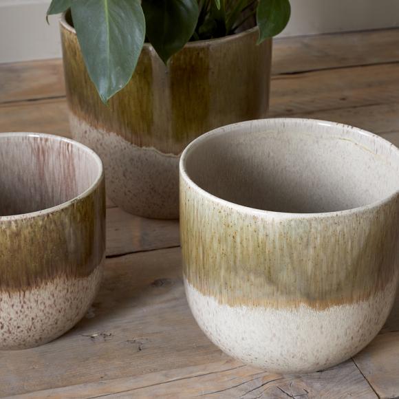 Nkuku Almeida Reactive Glaze Plant Pot - Olive & Natural