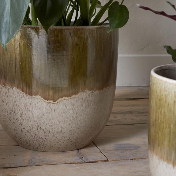Nkuku Almeida Reactive Glaze Plant Pot - Olive & Natural