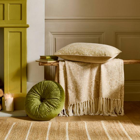 William Morris At Home Strawberry Thief Embossed Cushion Olive