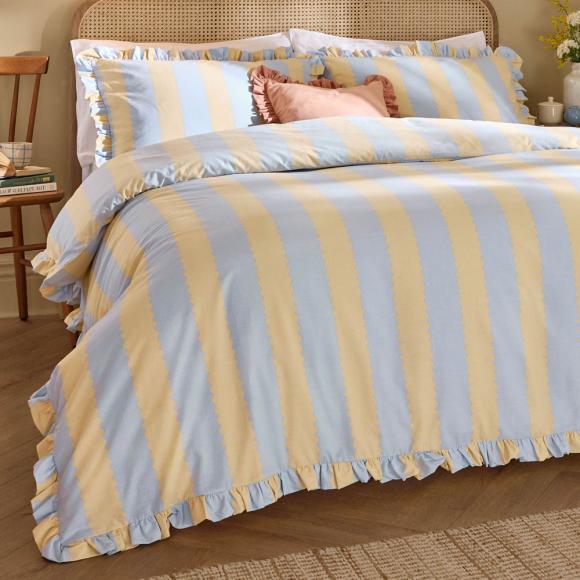 Wylder Birdie Stripe Duvet Cover Set Bay Lemon / Sky