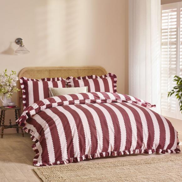 Wylder Birdie Stripe Duvet Cover Set Burgundy / Blossom