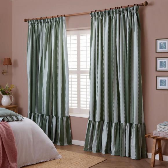 Wylder Birdie Stripe Ruffle Curtains Bay Green / Mist