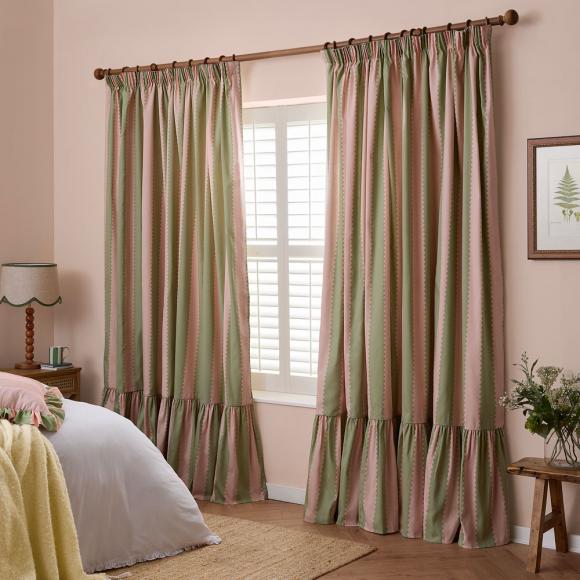 Wylder Birdie Stripe Ruffle Curtains Pink / Green