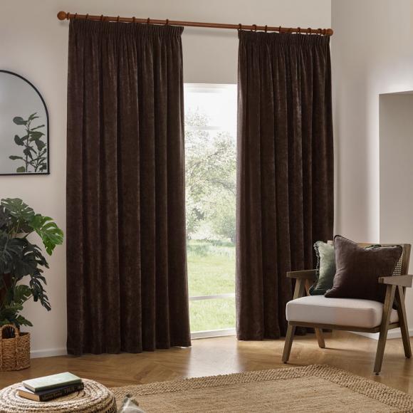 Yard Heavy Chenille Pencil Pleated Curtains Brown