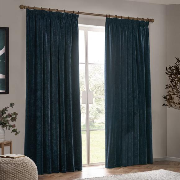 Yard Heavy Chenille Pencil Pleated Curtains Navy