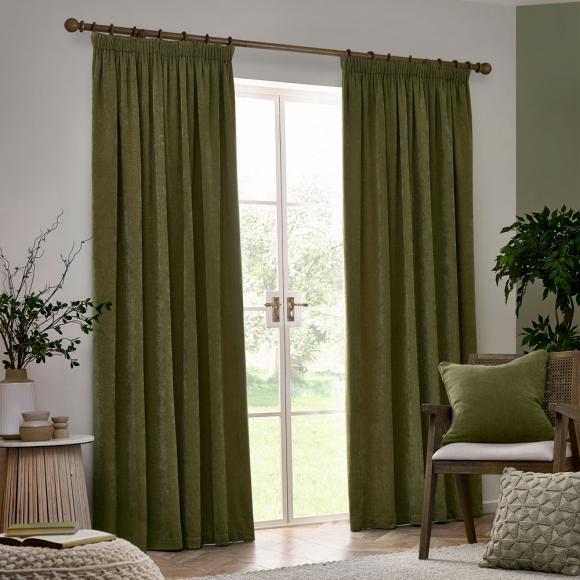 Yard Heavy Chenille Pencil Pleated Curtains Olive