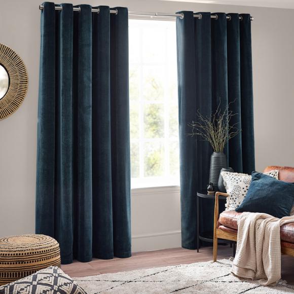 Yard Blackout Lined Heavy Chenille Eyelet Curtains Navy