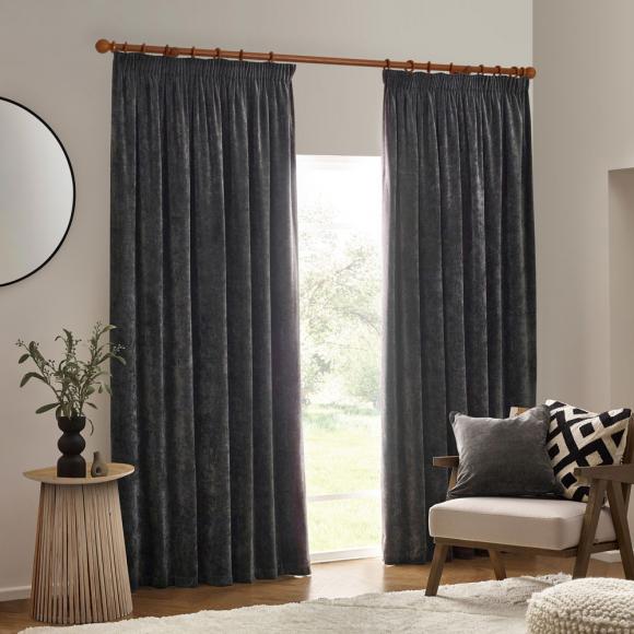 Yard Heavy Chenille Blackout Pencil Pleated Curtains Charcoal