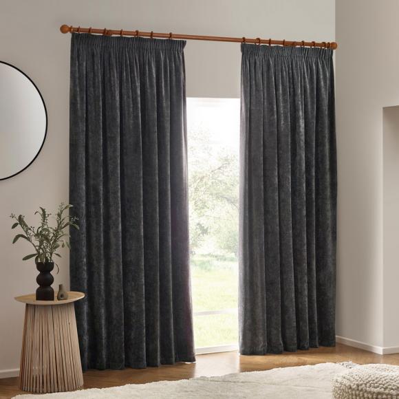 Yard Heavy Chenille Blackout Pencil Pleated Curtains Charcoal