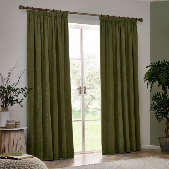 Yard Heavy Chenille Blackout Pencil Pleated Curtains Olive