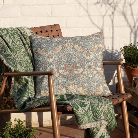 The Original Morris & Co Strawberry Thief Outdoor Cushion Biscuit