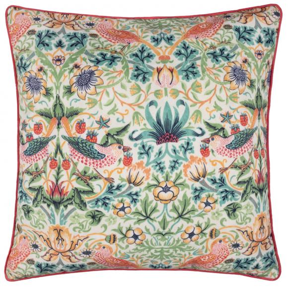 The Original Morris & Co Strawberry Thief Outdoor Cushion Coral / Leaf Green