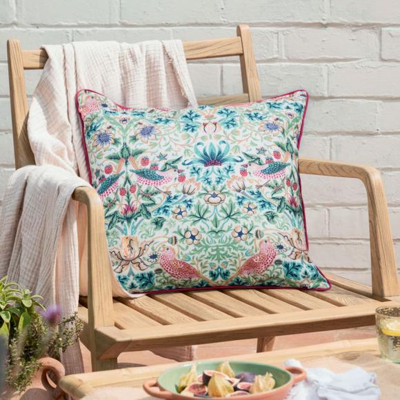 The Original Morris & Co Strawberry Thief Outdoor Cushion Coral / Leaf Green