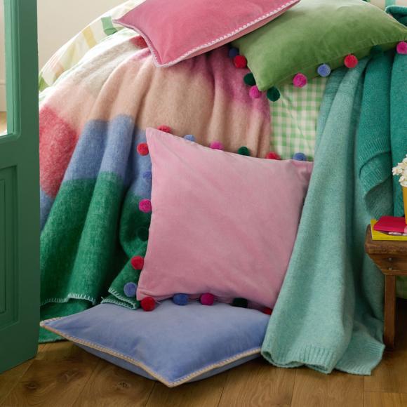 Bluebellgray Blanket Stitch Velvet Cushion Coral Pink
