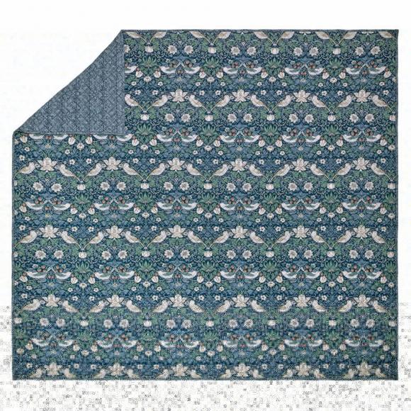 William Morris At Home Midnight Strawberry Thief Quilted Bedspread Prussian Blue