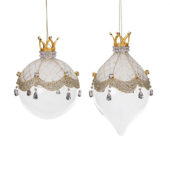 Goodwill Glass Crown Jewel Ball Finial Ornament White / Gold