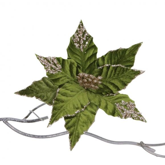 Goodwill Fabric Sequinned Poinsettia on Clip Olive / Green / Gold