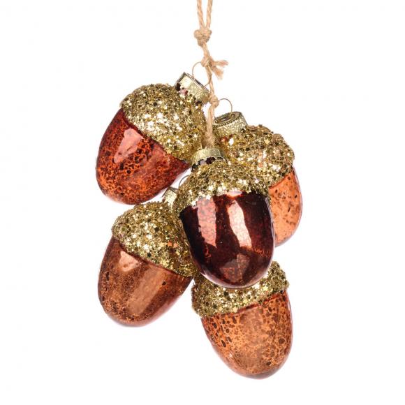 Goodwill Glass Glitter 5 Acorn Cluster Ornament Brown