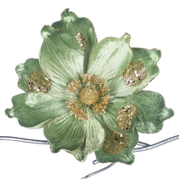 Goodwill Fabric Glitter Magnolia Flower on Clip Green / Champagne