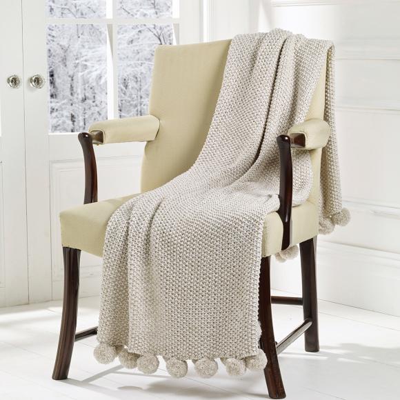 Walton & Co Cosy Knit Pom Pom Throw Linen in Throws at Seymour's Home