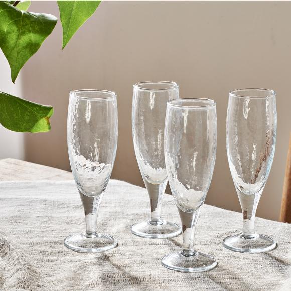 Nkuku Yala Hammered Set of 4 Champagne Glasses, Clear Glass