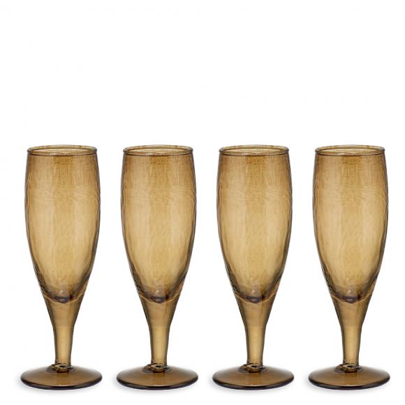 Nkuku Yala Hammered Set of 4 Champagne Glasses, Smoke Brown Glass